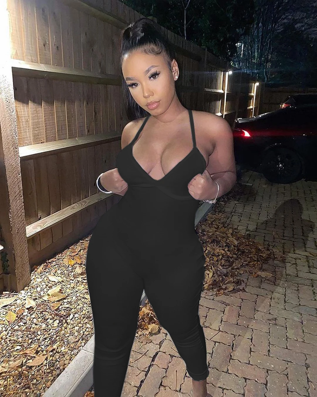 จั๊มสูทสายเดี่ยวผ้าริบสีพื้นสำหรับผู้หญิง จั๊มสูทลำลองสำหรับเล่นโยคะ