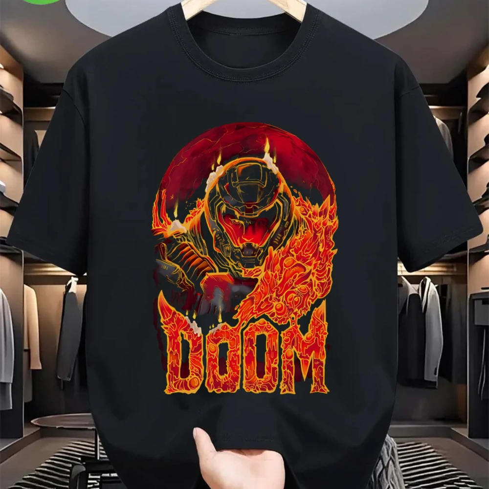 Schwarzes Doom-Themen-T-Shirt für Herren mit ikonischem Videospiel-Logo und Krieger-Rüstungsdesign, lässiges Sommer-Oberteil für Spielefans, langlebig, mit Rundhalsausschnitt