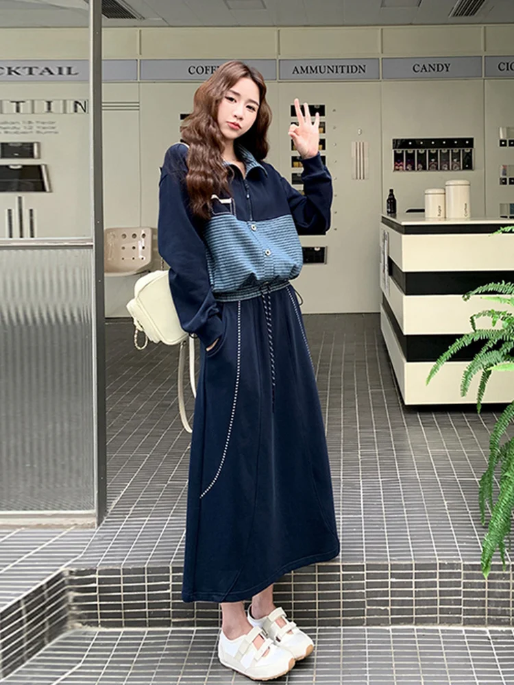 

Комплект из двух предметов: свитшот с воротником и юбка в клетку с цветными вставками, женский повседневный комплект для весны и осени, с высокой талией