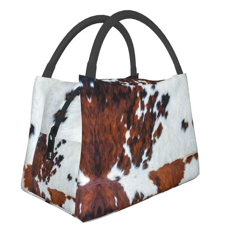 Custom Rustic Cow Faux Fur Skin Leather Lunch Bags Men Women Cooler Thermal Insulated Lunch Boxes for Office Travel