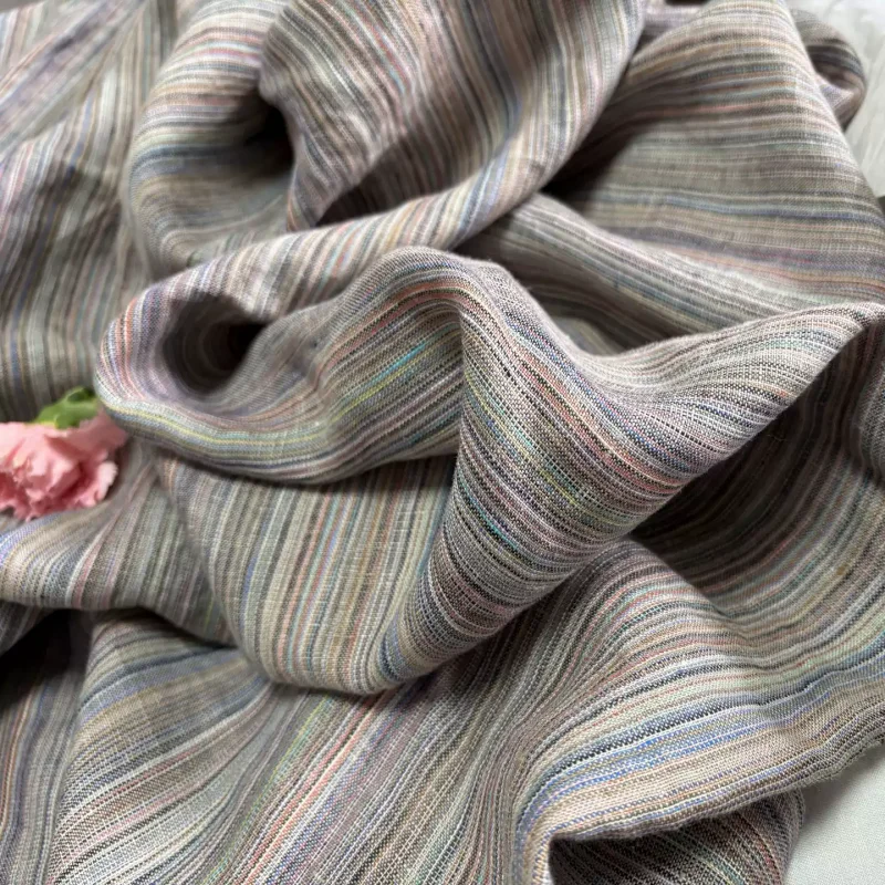 Pure linen fermentation wash color woven striped fabric, suitable for clothing sewing and DIY fabric use