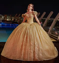 Gold Puffy Quinceanera Dresses Ball Gown Off The Shoulder Sequins Sparkle Pearls Mexican Sweet 16 Dresses 15 Anos Customized