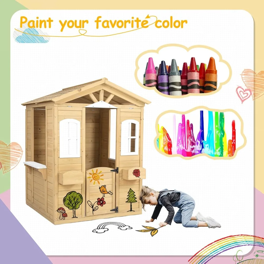 Wooden Playhouse for Kids, Outdoor Wooden Cottage with Working Door, Windows, Mailbox, Boys Girls Kids Pretend Playhouse