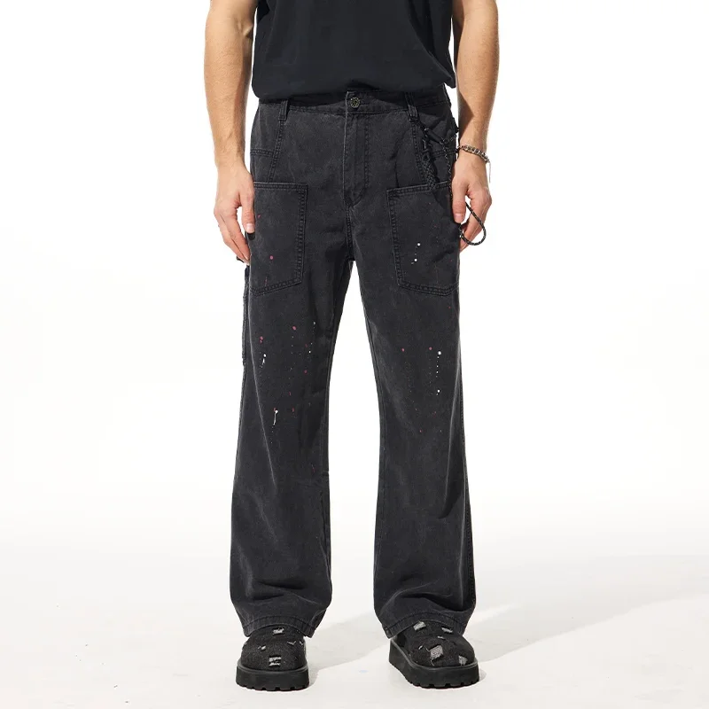 Men Splatter Black Washed Straight Leg Jeans Casual Spring Autumn New Arrival Basic Versatile Stretch Comfort Fit Denim Trousers