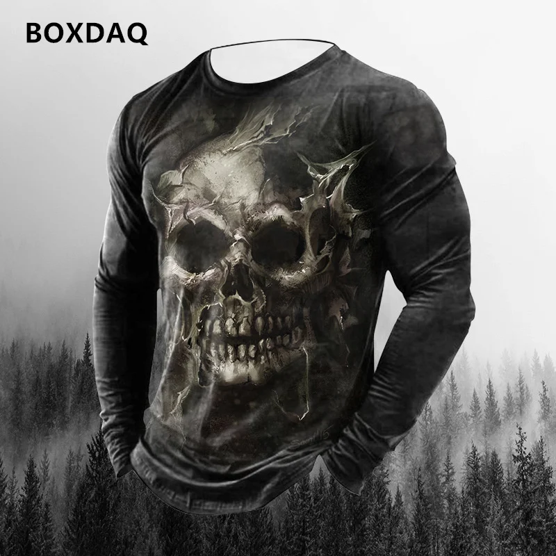 Horror Skulls 3D Printing Men Street Style T-Shirts Spring Autumn Long Sleeve Skeleton Pattern Man Casual Tees 6XL Big Size Tops