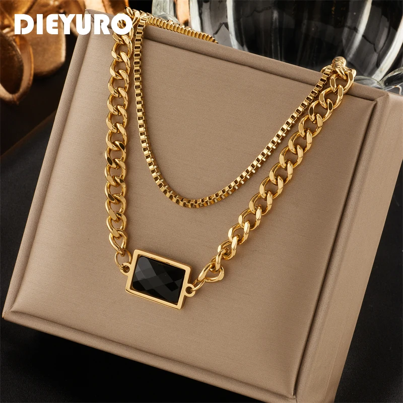 

DIEYURO 316L Stainless Steel Gold Color Multilayer Square Crystal Necklace For Women Fashion Casual Women Body Jewelry Chain