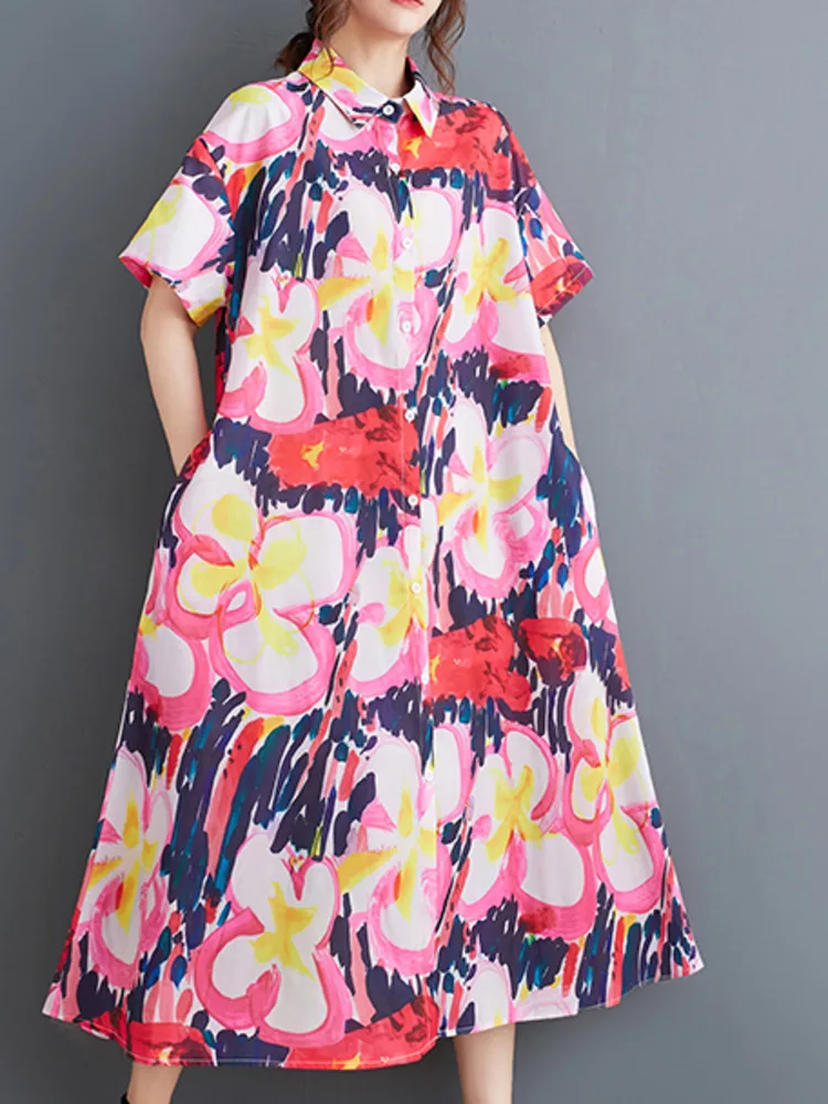 #3902 Summer Vintage Flower Printed A-line Midi Dress Women Turn-down Collar Ladies Dresses Short Sleeve Loose Korean Fashion