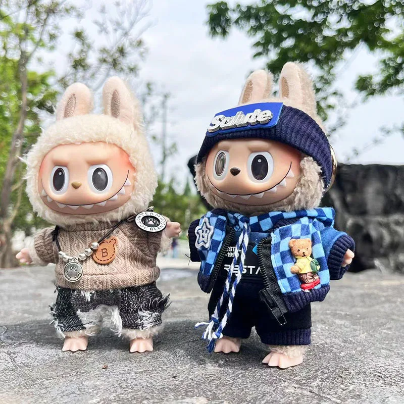 

For 17cm Labubu Doll clothes Street Trend Style Set Labubu V1V2 Mini DIY doll outfit fashion boy clothing shoes accessories