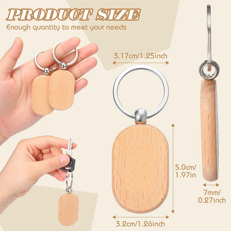 60Pcs Wood Keychain Blank Wood Key Chain Unfinished Wood Keychain Blanks for DIY Crafts