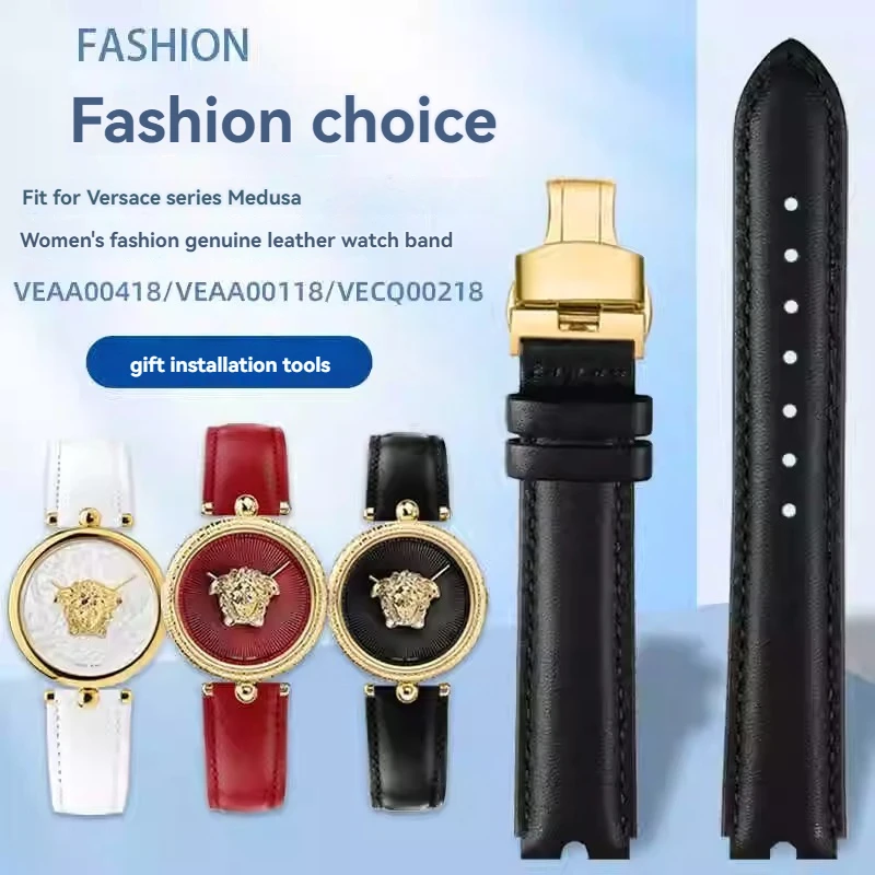 For Medusa series VECQ00418 VECQ00118 Women Genuine Leather Watch Strap Special Notch Watchband Black Red Blue Bracelet