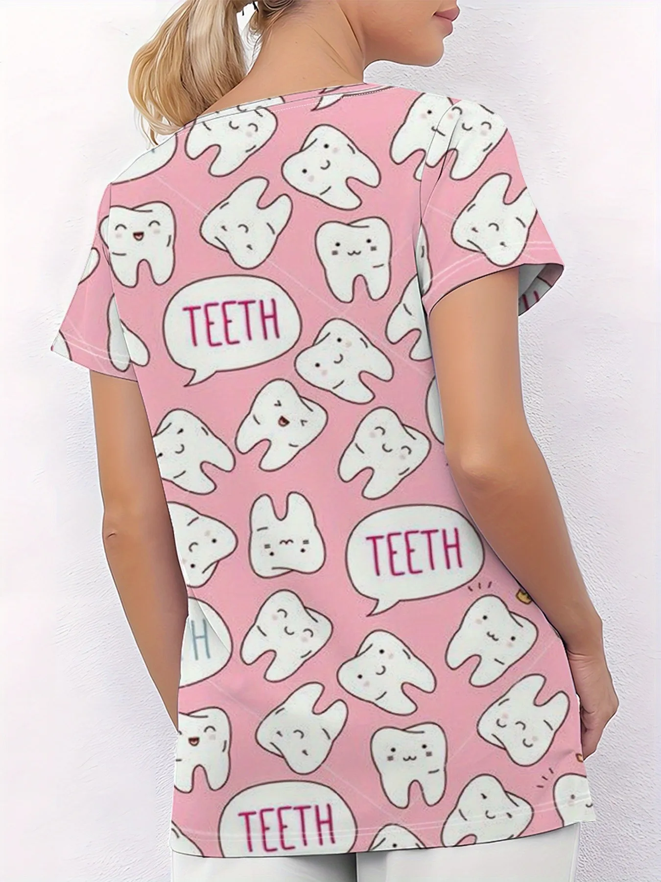 2026 Summer New Fashionable Casual Trendy Comfortable Versatile 3D Tooth Pattern Printed Women's V-neck Nurse Uniform
