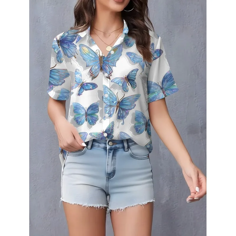 Valentine's Day Gift for Women Blue Butterfly Print Collared Button Short-Sleeve Shirt Versatile Elegant Full-Body Pattern Daily