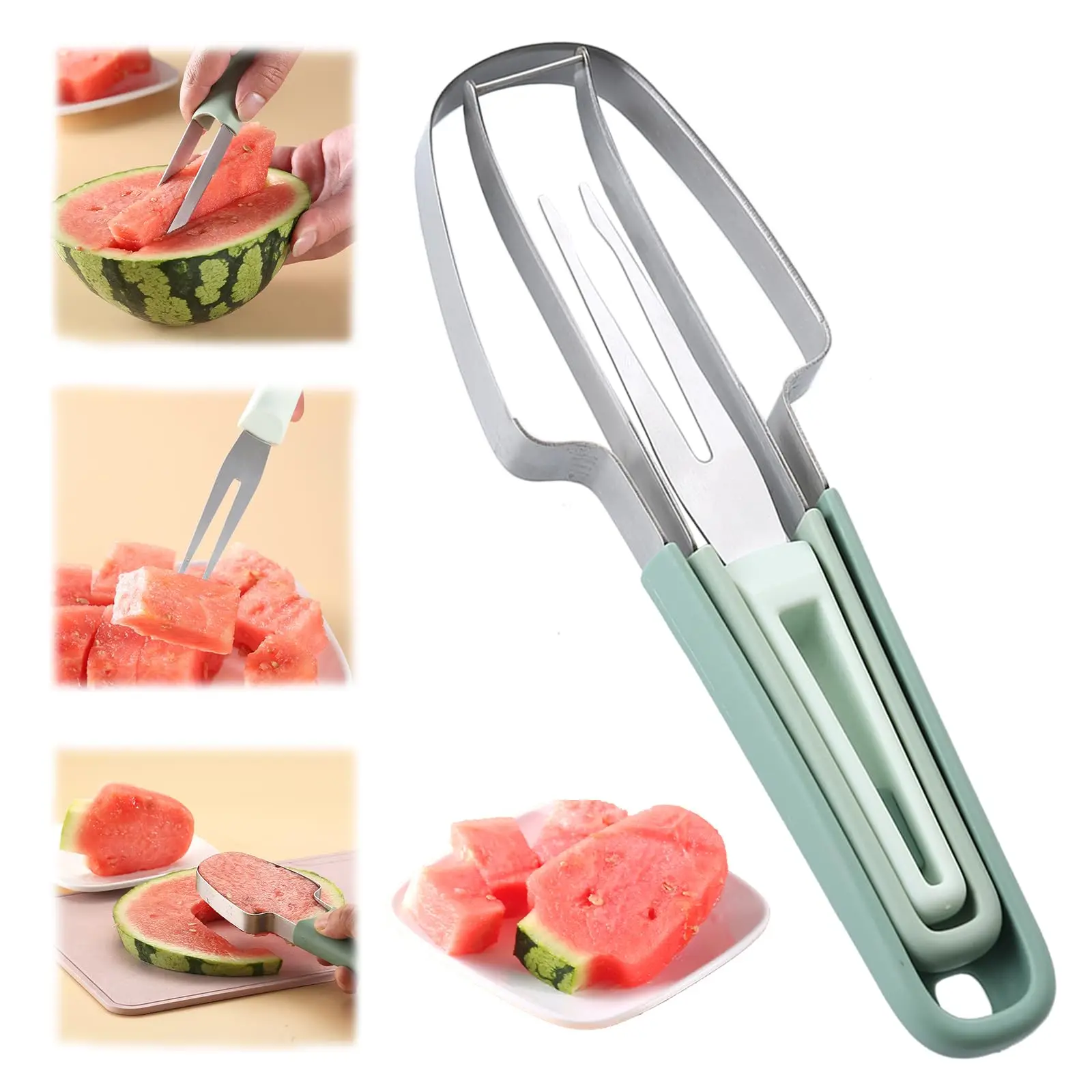 3 In 1 Summer Watermelon Cutting Tool Fork Slicer Knife Set for Home Stainless Steel Fruit Watermelon Windmill Cutter