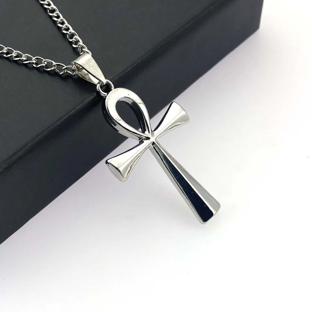 Trend Sliver Color Stainless Steel Round Handle Cross Ancient Egypt The Symbol of Life Pendant Necklace for Women Amulet Jewelry