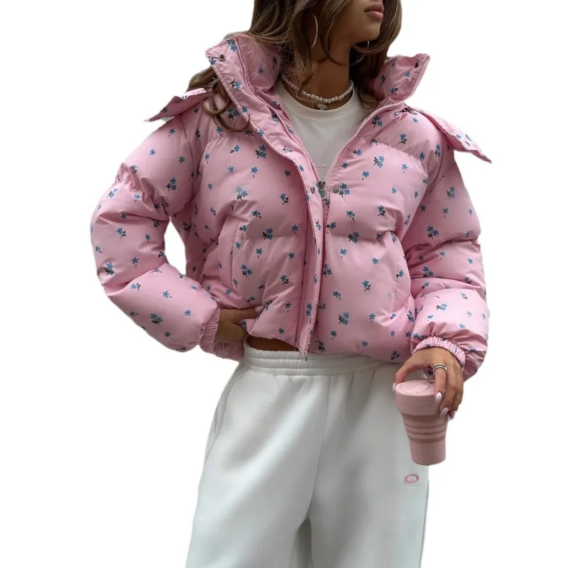 クロスボーダーパン服花柄巾着フード付き取り外し可能な綿パッド入りハイエンドファッション多用途ジャケット女性用