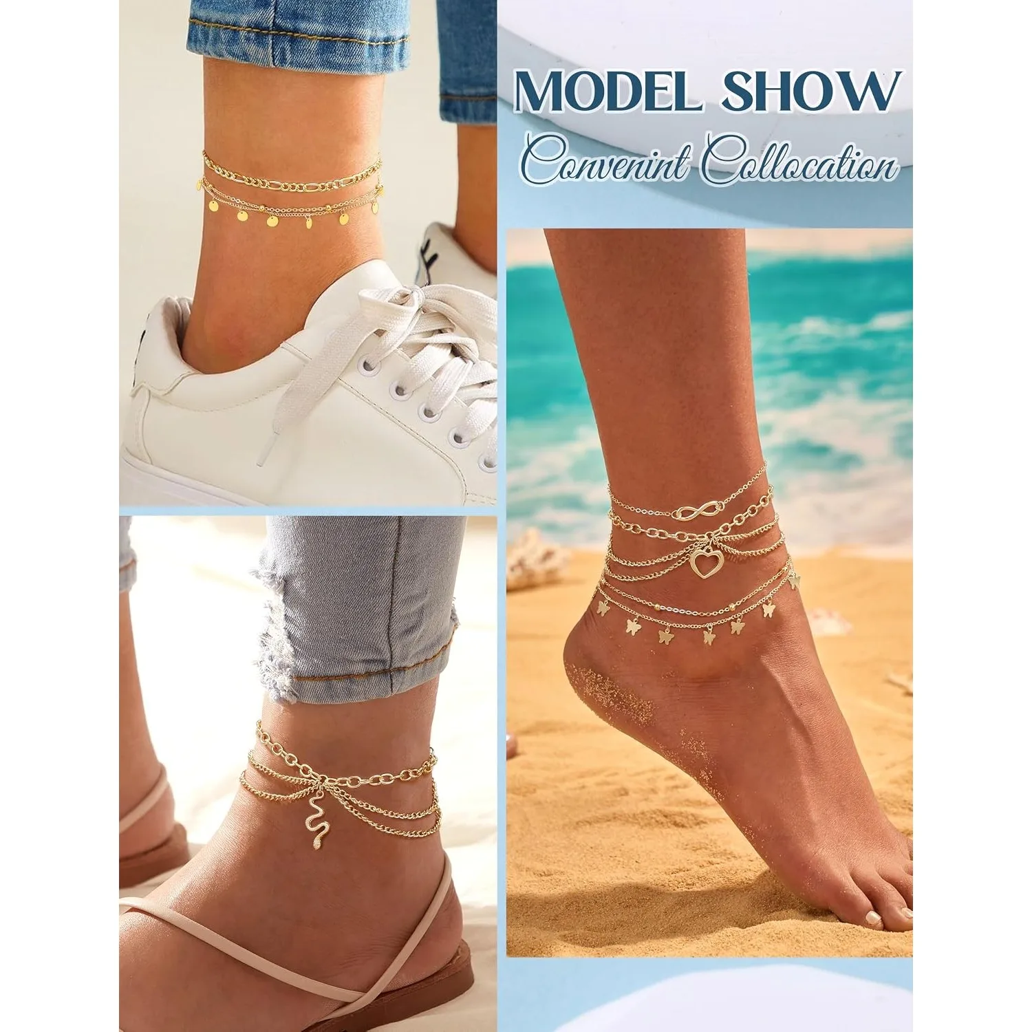 ORAZIO Toe Rings and Ankle Bracelets for Women Silver Rose Gold Plated Anklet Toe Rings Open Tail Adjustable Beach Foot Jewelry