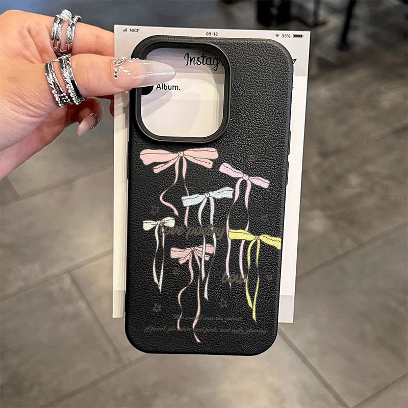 Bow Ribbon Lychee Pattern Case For Samsung A05S A06 A07 A15 A16 A17 A34 A35 A53 A54 A55 S23 S24 FE S25 Ultra A26 A36 A56 Case