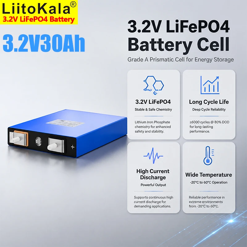 LiitoKala 3.2V 30Ah LiFePO4 Battery 96Wh 4000 Cycles M6 Terminal For Solar RV Energy Storage