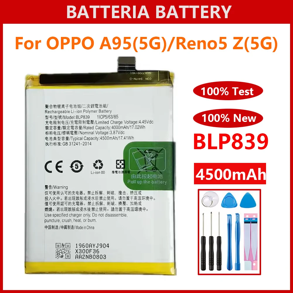 100% New Genuine 4500mAh BLP839 Battery For OPPO A95 5G Reno5 Reno 5 Z PELM00 CPH2211 Replacement Batteria Batteries+Tools