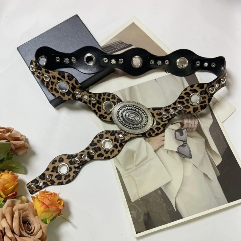 Cintura con rivetti da donna vintage alla moda Cintura in pelle leopardata Y2k Cintura gotica Harajuku Abito Jeans Cintura Streetwear