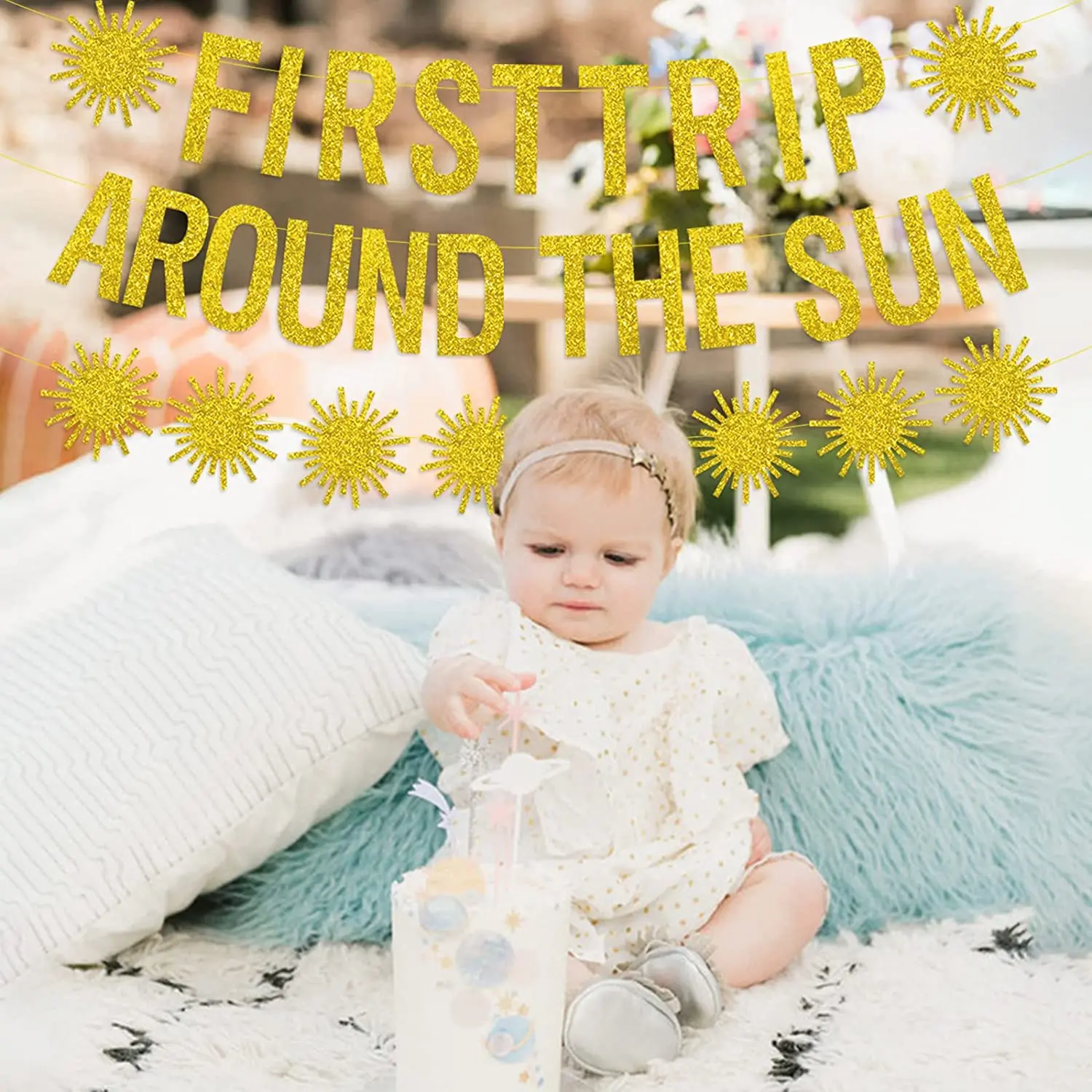 JOYMEMO Gold First Trip Around The Sun Birthday Banner Boho 1st Birthday Party Decorations Sunshine Theme Party Decor Supplies