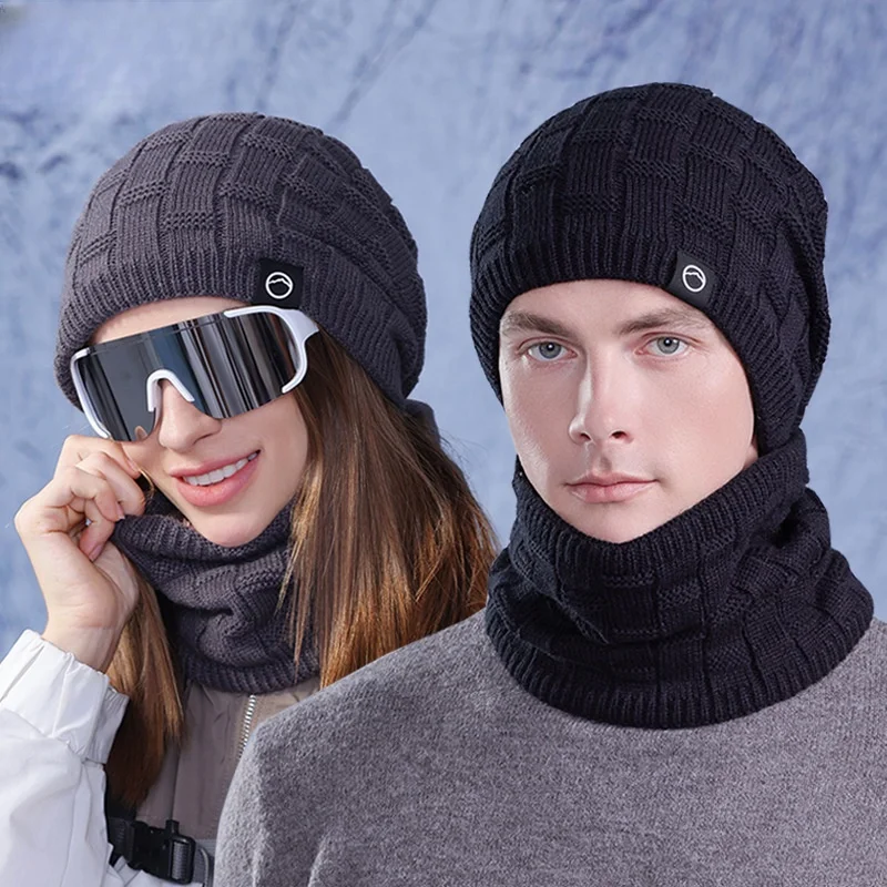 Winter Outdoor Windproof Ear Protection Hat with Fleece Lining Warm Hat Scarf Set Unisex Knitted Wool Hat Two-Piece Set