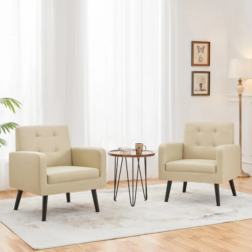 Mid-Century Accent Chairs, PU Leather Modern Upholstered Living Room Chair, Cozy Armchair Button Tufted Back and Wood Legs