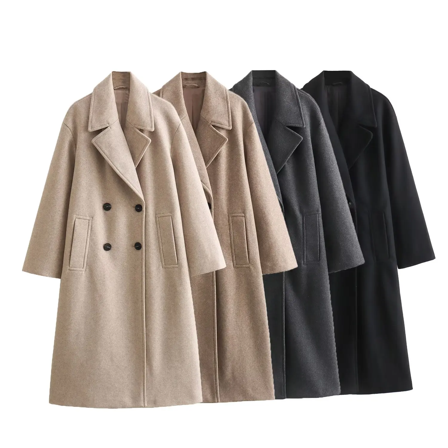 TRAFZA 2023 Autumn Winter Women Casual Solid Coats Loose Fit Long Jacket Double Breasted Elegant Fashion Women Thick Warm Coats