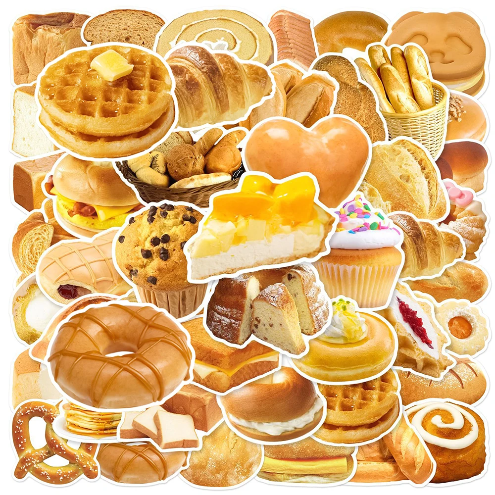 10/50Pcs Cute Gourmet Bread Food Varied Stickers Pack for Kids Scrapbooking Travel Luggage Helmet Car Decoration Graffiti Decals