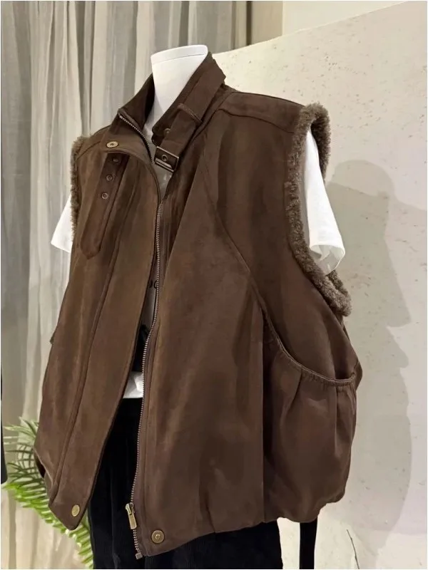 

Large Size 300 Pou Suede Vest ex Autumn Winter Sle Stand Collar Lamb Fur Lined Warm oulder Coat Fem Model