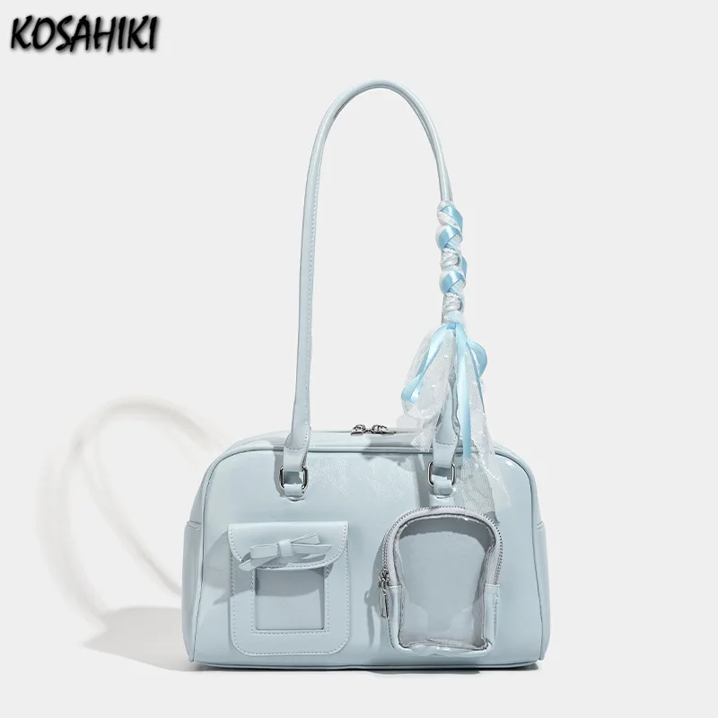 

Women Preppy Pockets Bow Ita Bags Streetwear Fashion All Match Underarm Bag Y2k Aesthetic Transparent Casual Shoulder Handbags