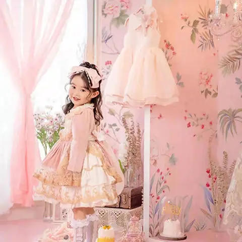 Spanish Vintage Lolita Girl Princess Dresses For Girls Easter Eid Lace Stitching long Sleeve Birthday Party Ball Gown2023