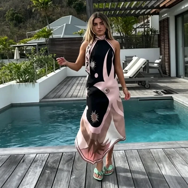 

New Summer Sexy Halter Backless Printed Satin Vacation Beach Dress For Women Sleeveless Backless Loose Irregular Robe Vestidos