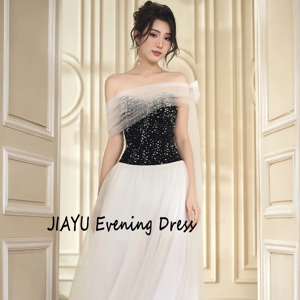 Dostosowany dekolt w łódkę kontrastowy kolor suknia wieczorowa w kształcie litery A tiul bez rękawów drapowana suknia wieczorowa z perłami do kostek suknia wieczorowa