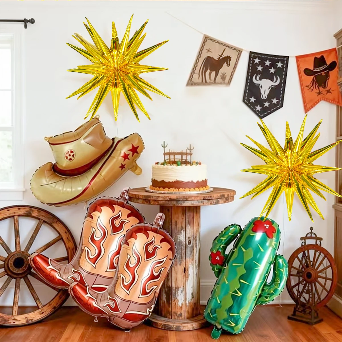 6-teiliges Partyballon-Set im Wild-West-Stil enthält einen braunen Hut, einen braunen Cowboy-Stiefel-Folienballon, einen Kaktus und einen goldfarbenen Sternballon.