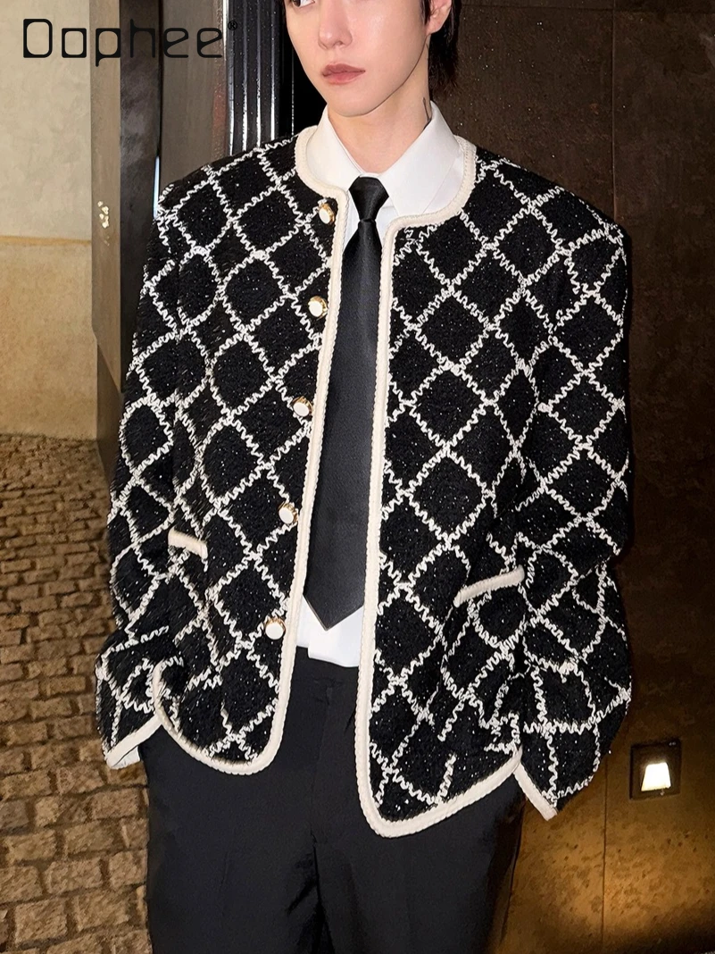 

Autumn New High-End Patchwork Color Plaid Classic Style Simple Jacket Men Trendy Round Neck Loose Handsome Short Jacket Top