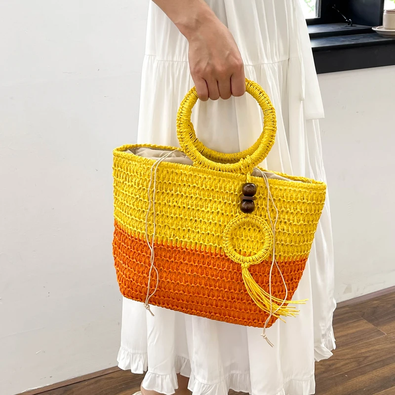 Straw Woven Handbag Summer Women Beach Bag Tote Vegetable Basket Style Straw Bag Satchel Bohemian Female Rattan Weave Clutch Bag