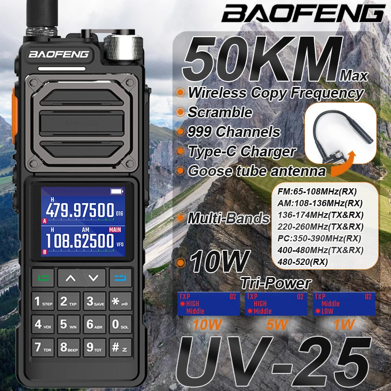 BAOFENG UV-25 전술 워키토키, 무선 복사 주파수, C 타입, 전문 양방향 햄 라디오, HF 트랜시버, 10W, 신상 업그레이드 