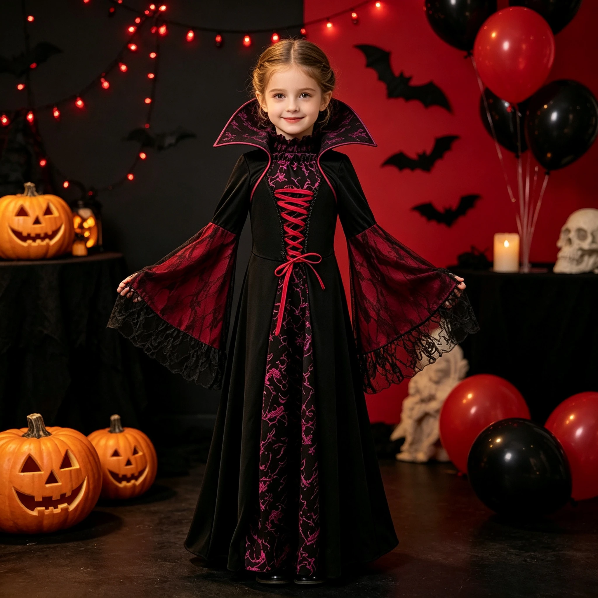 Mädchen Vampir-Königin Kostüm Retro Langes Kleid Stehkragen Spitzenärmel für Kinder Halloween-Party – Detail 6