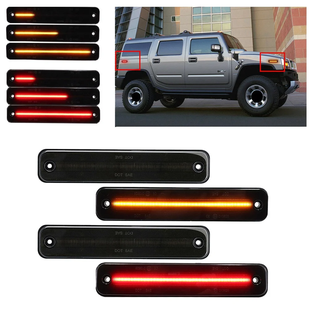 for 2003-2009 H2 Smoked Front Rear LED Side Marker Light Kit Amber Red Turn Signal Dynamic Flowing LED Lights