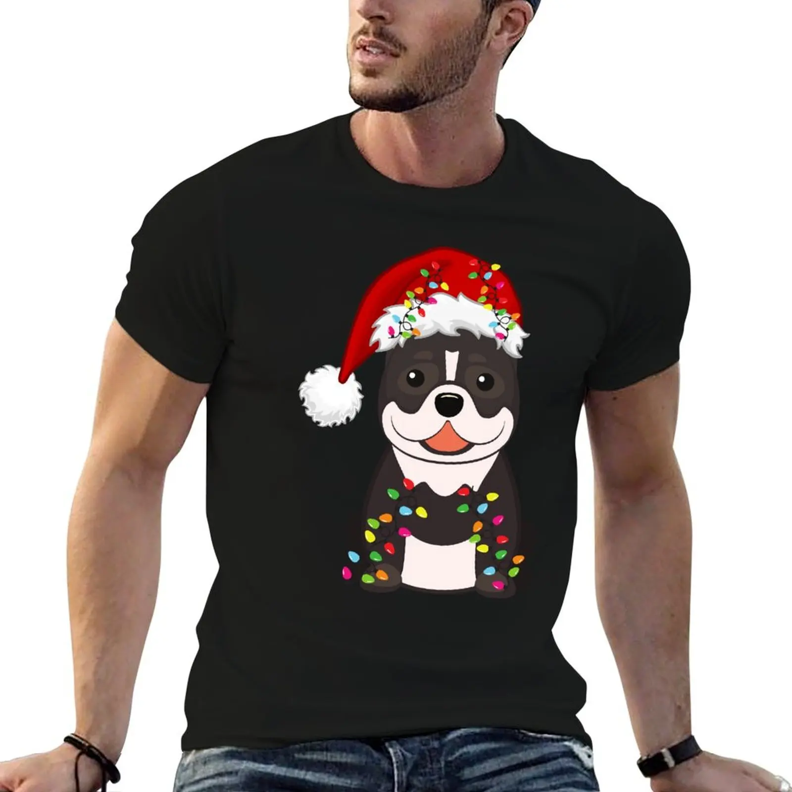 Pitbull Holiday Christmas Light - Divertidas luces navideñas de Pitbull con gorro de Papá Noel, camiseta navideña de Papá Noel, camiseta para hombre
