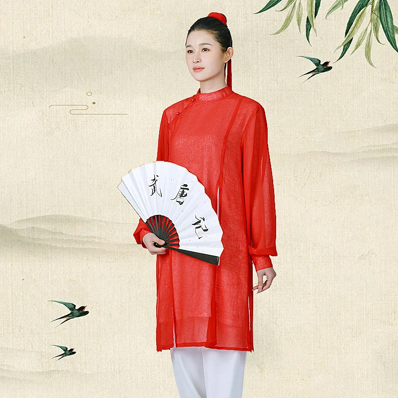 Women's 2026 New Premium Tai Chi & Baduanjin Summer Outfit - Crossed Collar Chiffon Mid-Length, Youthful Chinese Style Practice