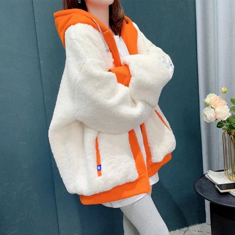 Autumn Winter Thicke Lamb Plush Sweatshirt Jacket Women Overcoat Fashion Wide Stitching Loose Hooded Warm Coat Female Outwear