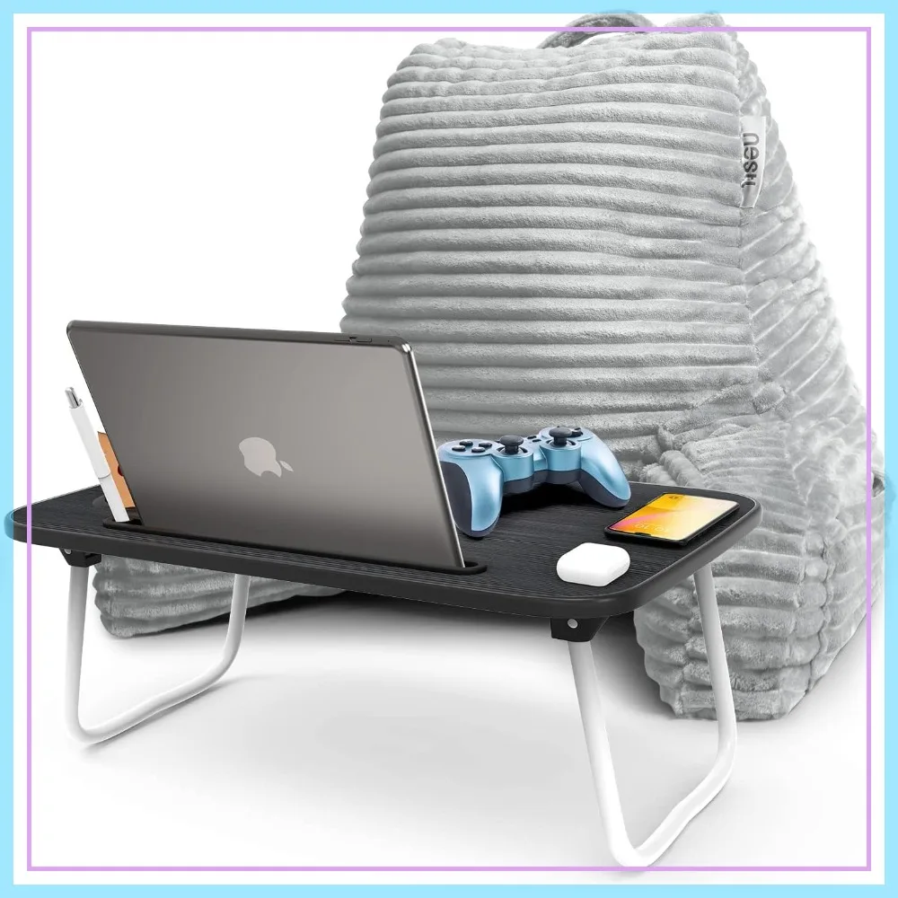 

Light Grey Reading Pillow with Bed Desk for Laptop, Luxe Cut Plush Back Support, Adjustable Arms, Foldable Lap Desk 22x14