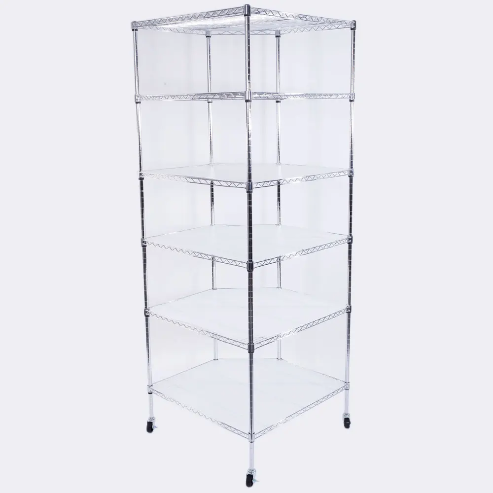 

6-Layer Chrome Plated Polygonal Corner Shelf with 2" PP Wheels 680*680*1800 Silver