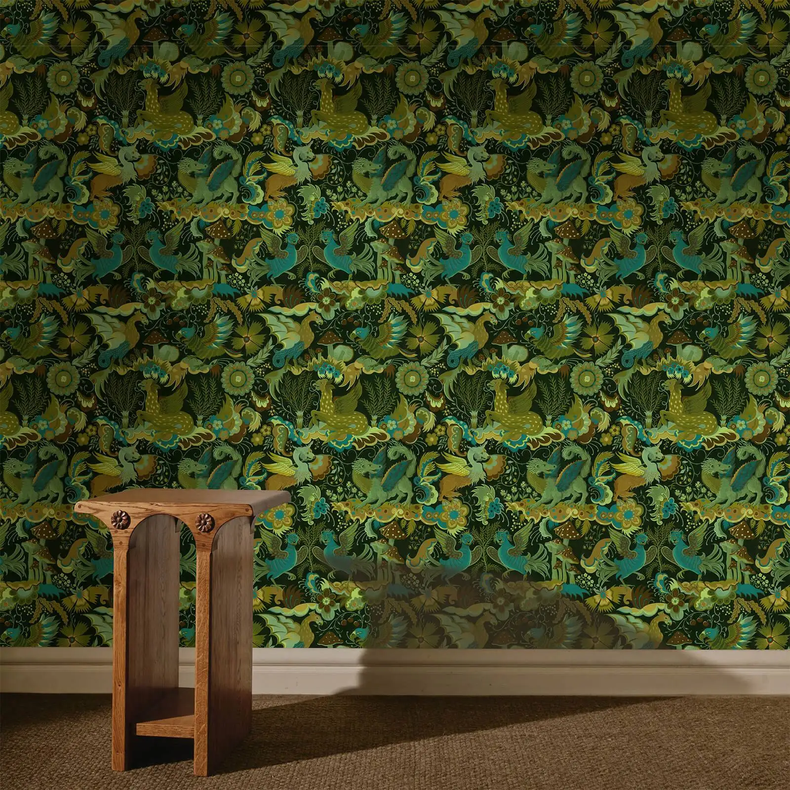 Customized retro fantasy griffin flower wall mural, mythical winged beast mushroom wallpaper, bedroom living room home decoratio