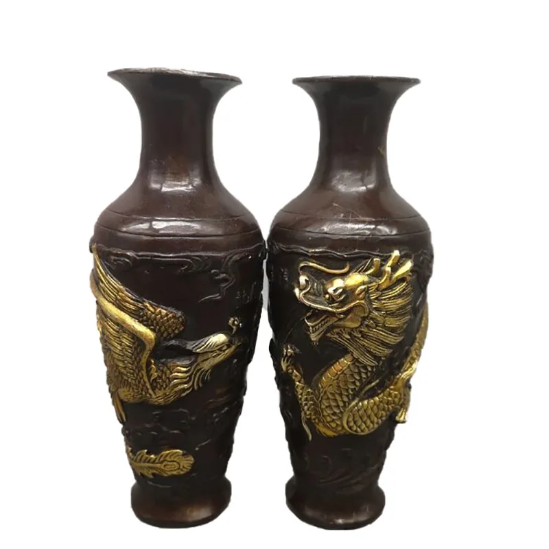 Gilt Copper Purple Copper Color Vase Home Living Room Decoration Copperware Dragon and Phoenix Vase Pair Decoration