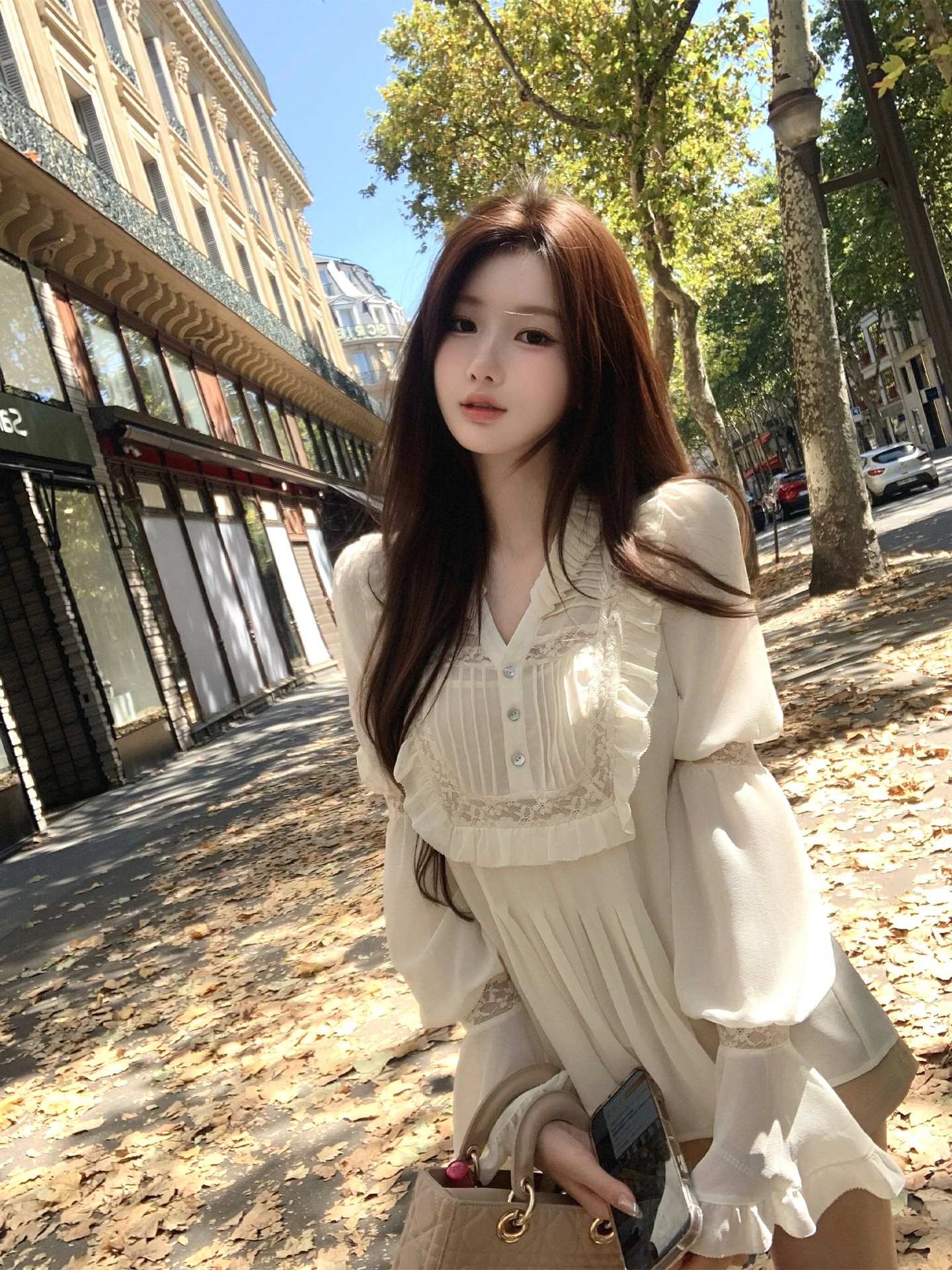 

Bigking Silk V-ne Bell Sve irt Women's Loose Fit Long Sve Faionable Lace Trim Top Autumn Seasonal Wear