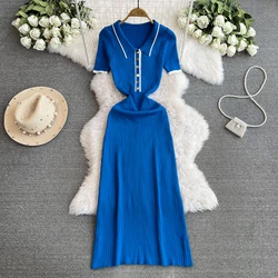 Women Chic Sleeveless Turn-down Collar Sexy Slim Bodycon Stripe Dress Fashion Knit Button Tight Elegant Slim Pencil dresses
