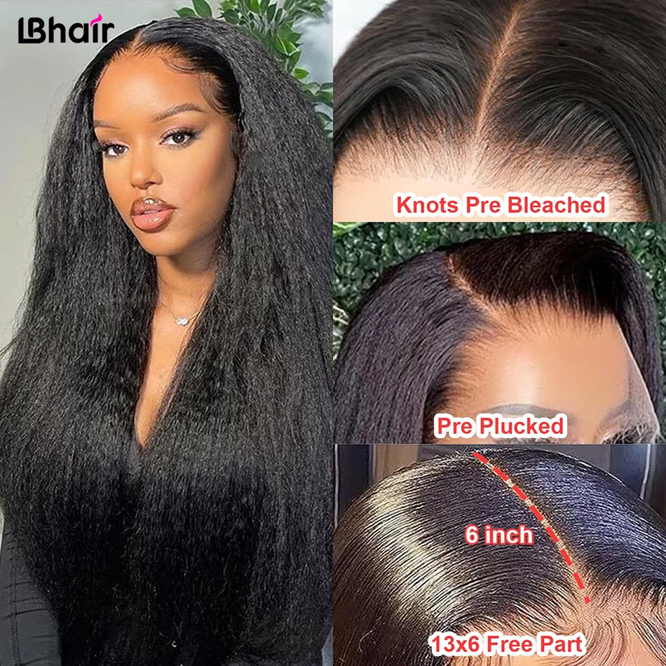 LBhair 13x6 Kinky Straight Human Hair Lace Front Wigs for Black Women Pre Bleached Knots Kinky Straight Human Hair Wig 26 Inch